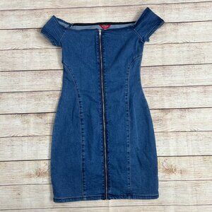 Vintage GUESS Women's Off Shoulder Denim Mini Dress Size XS Blue Zip Front